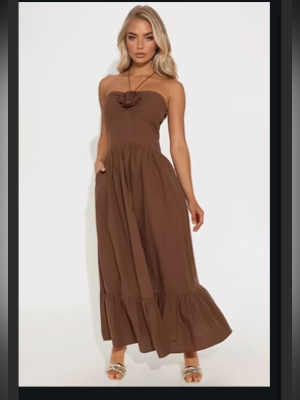 Fashion Nova Chocolate Brown Strapless Maxi Dress with Rosette